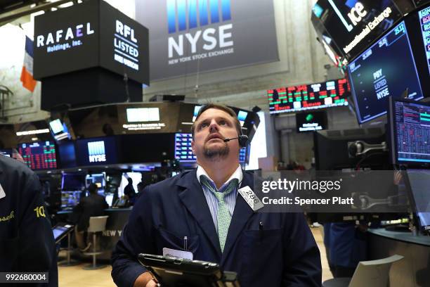 Traders work on the floor of the New York Stock Exchange on July 6, 2018 in New York City. After the U.S. Levied tariffs on $34 billion worth of...