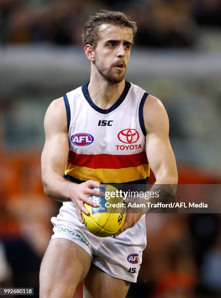 Jordan Gallucci of the Crows in action during the 2018 AFL round 16 match between the Richmond Tigers and the Adelaide Crows at the Melbourne Cricket...