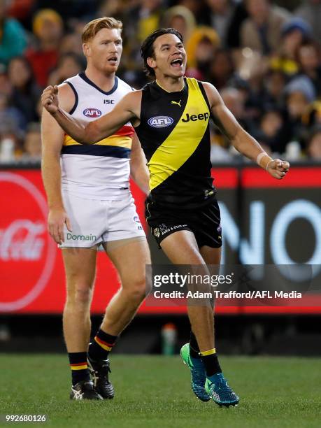 Daniel Rioli of the Tigers celebrates a goal during the 2018 AFL round 16 match between the Richmond Tigers and the Adelaide Crows at the Melbourne...