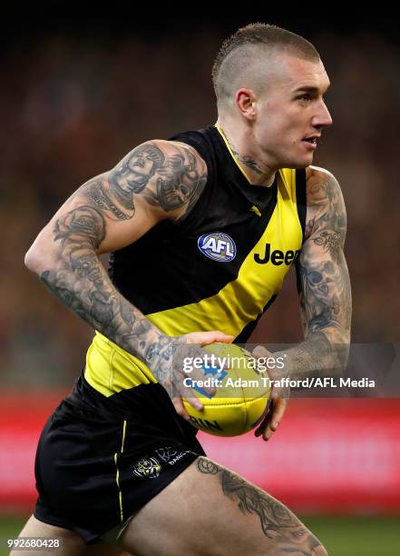 Dustin Martin of the Tigers in action during the 2018 AFL round 16 match between the Richmond Tigers and the Adelaide Crows at the Melbourne Cricket...