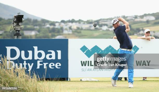 Ryan Fox of New Zealand tees off on the 11th hole during the second round of the Dubai Duty Free Irish Open at Ballyliffin Golf Club on July 6, 2018...
