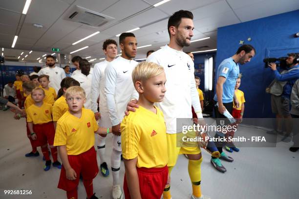 Hugo Lloris of France leads his team out of the tunnel prior to the 2018 FIFA World Cup Russia Quarter Final match between Uruguay and France at...