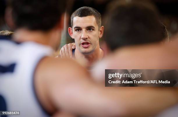 UMELBOURNE, AUSTRALIA Taylor Walker of the Crows addresses his teammates during the 2018 AFL round 16 match between the Richmond Tigers and the...