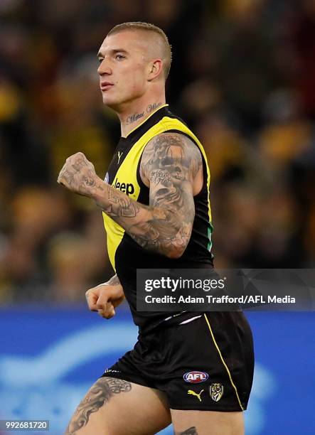 Dustin Martin of the Tigers celebrates a goal during the 2018 AFL round 16 match between the Richmond Tigers and the Adelaide Crows at the Melbourne...