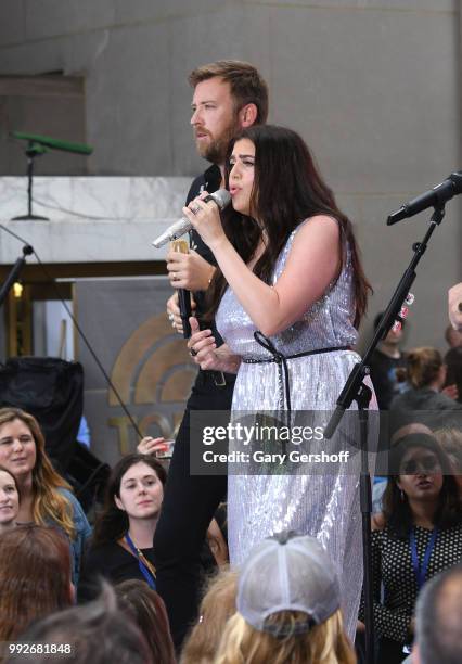 Recording artists Charles Kelley and Hillary Scott of Lady Antebellum perform during NBC's 'Today' at Rockefeller Plaza on July 6, 2018 in New York...