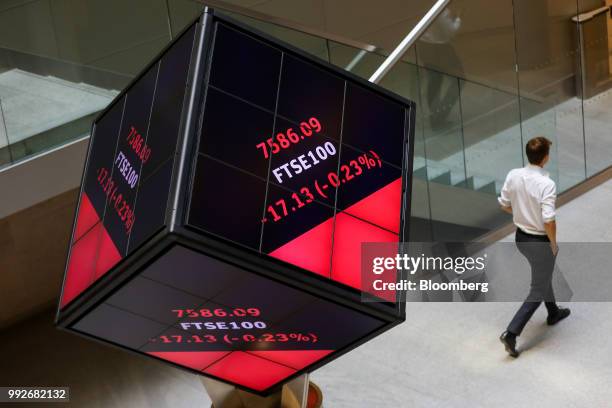 An employee walks past FTSE 100 share price information displayed on an illuminated rotating cube in the atrium of the London Stock Exchange Group...