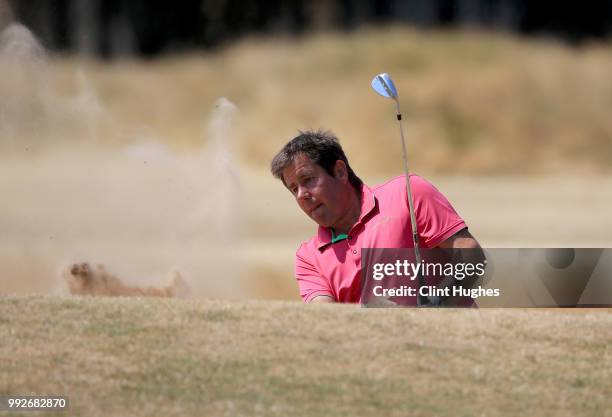 Steve Matthews of Leek Golf Club plays out of a bunker during the Lombard Trophy North Qualifier at Fairhaven Golf Club on July 6, 2018 in Lytham St...