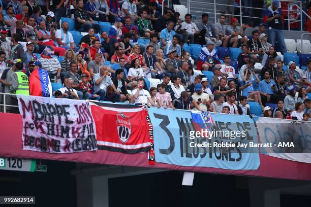 General View of fans and banners prior to the 2018 FIFA World Cup Russia Quarter Final match between Uruguay and France at Nizhny Novgorod Stadium on...