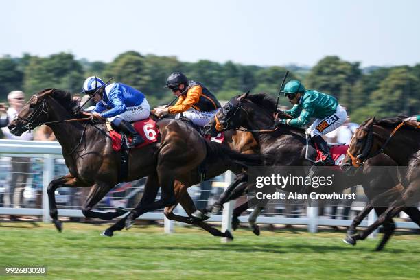 Jim Crowley riding Mustashry win The Davies Insurance Services Gala Stakes at Sandown Park on July 6, 2018 in Esher, United Kingdom.