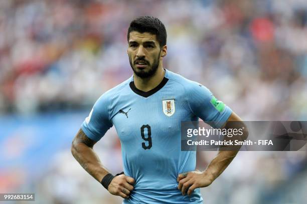 Luis Suarez of Uruguay looks on during the 2018 FIFA World Cup Russia Quarter Final match between Uruguay and France at Nizhny Novgorod Stadium on...