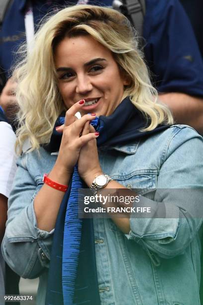 France's forward Antoine Griezmann's wife Erika Choperena awaits the Russia 2018 World Cup quarter-final football match between Uruguay and France at...