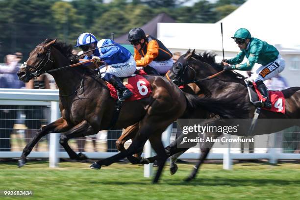 Jim Crowley riding Mustashry win The Davies Insurance Services Gala Stakes at Sandown Park on July 6, 2018 in Esher, United Kingdom.