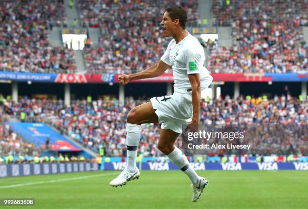 Raphael Varane of France celebrates after scoring his team's first goal during the 2018 FIFA World Cup Russia Quarter Final match between Uruguay and...