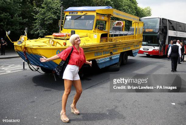 Viking Splash tour bus sits outside the Shelbourne Hotel on St. Stephen's Green in Dublin after one of it's wheels came off.