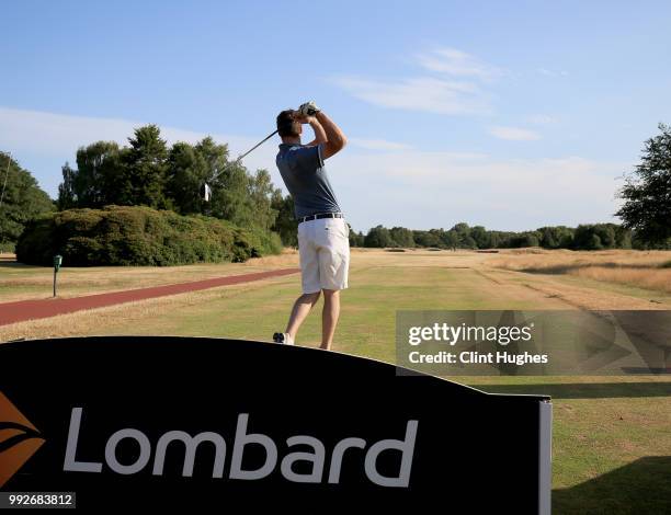 James Barraclough of Otley Golf Club plays a tee shot on the first hole during the Lombard Trophy North Qualifier at Fairhaven Golf Club on July 6,...