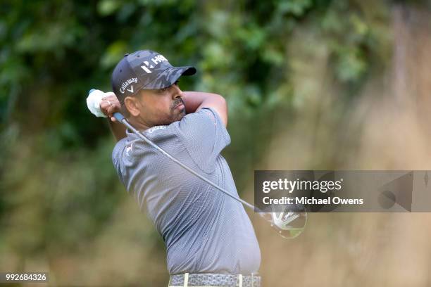 Anirban Lahiri of India tees off the 17th hole during round two of A Military Tribute At The Greenbrier held at the Old White TPC course on July 6,...