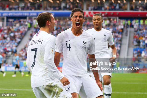 Raphael Varane of France celebrates scoring a goal to make it 0-1 during the 2018 FIFA World Cup Russia Quarter Final match between Uruguay and...