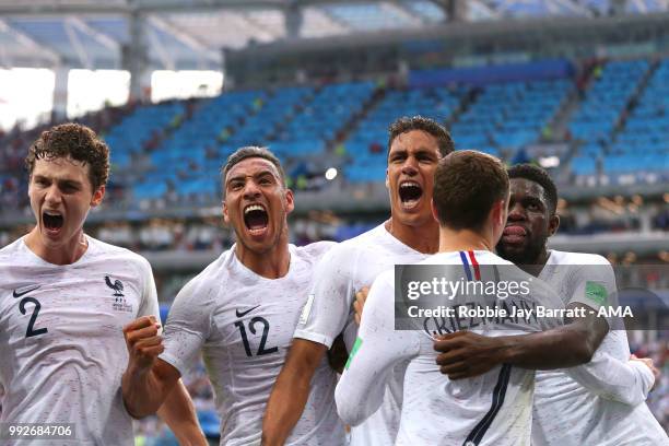 Raphael Varane of France celebrates scoring a goal to make it 0-1 during the 2018 FIFA World Cup Russia Quarter Final match between Uruguay and...