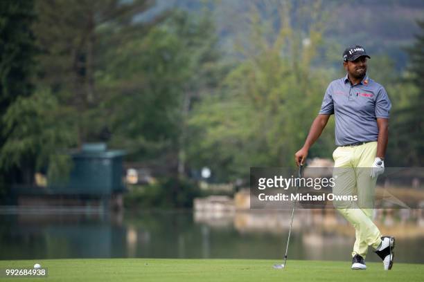 Anirban Lahiri of India waits to hit his second shot on the 16th hole during round two of A Military Tribute At The Greenbrier held at the Old White...