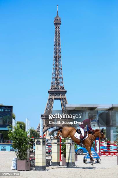 Sheikh Ali Al Thani riding Sirocco competes in the Prix Renault Mobility at Champ de Mars on July 6, 2018 in Paris, France.