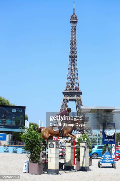 Sheikh Ali Al Thani riding Sirocco competes in the Prix Renault Mobility at Champ de Mars on July 6, 2018 in Paris, France.