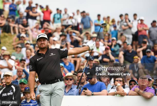 Donegal , Ireland - 6 July 2018; Graeme McDowell of Northern Ireland reacts after teeing off at the 8th hole during Day Two of the Dubai Duty Free...