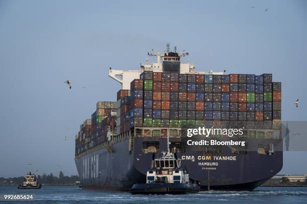 The CMA CGM Ivanhoe container ship sails from the Port of Oakland in Oakland, California, U.S., on Tuesday, July 3, 2018. President Donald...