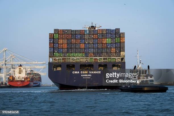 The CMA CGM Ivanhoe container ship sails from the Port of Oakland in Oakland, California, U.S., on Tuesday, July 3, 2018. President Donald...