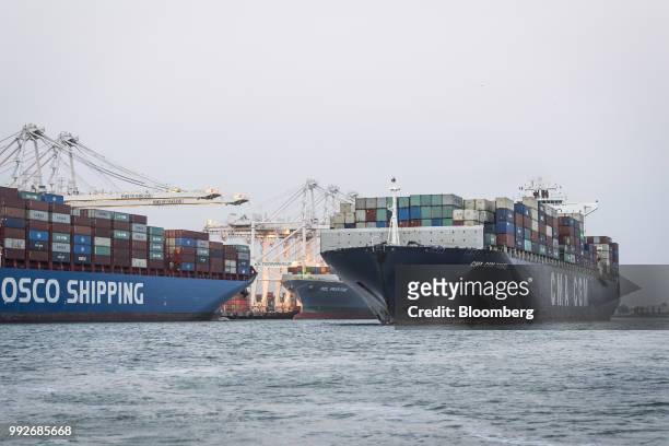 The CMA CGM Ivanhoe container ships sails from the Port of Oakland in Oakland, California, U.S., on Tuesday, July 3, 2018. President Donald...