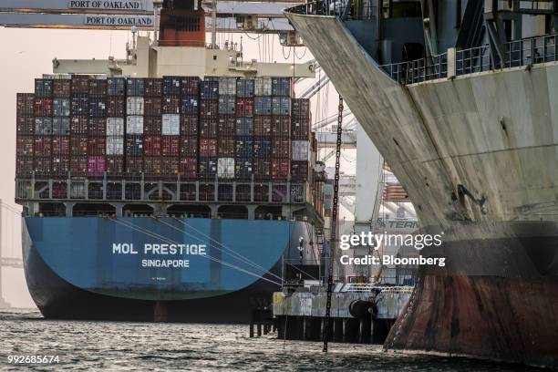 The Mol Prestige container ship sits docked at the Port of Oakland in Oakland, California, U.S., on Tuesday, July 3, 2018. President Donald...