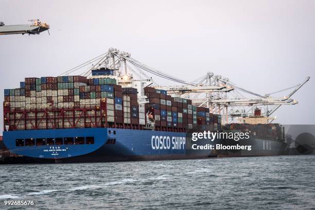 The CSCL South China Sea container ship sits docked at the Port of Oakland in Oakland, California, U.S., on Tuesday, July 3, 2018. President Donald...