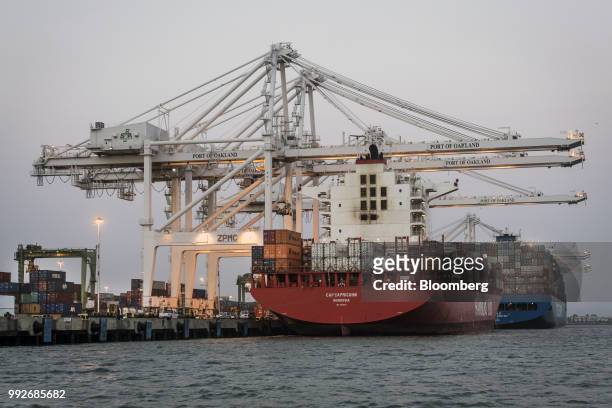 The Hamburg Sud North America Inc. Cap Capricorn container ship sits docked at the Port of Oakland in Oakland, California, U.S., on Tuesday, July 3,...