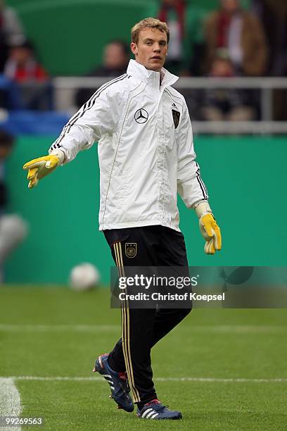 Manuel Neuer of Germany looks on during the international friendly match between Germany and Malta at Tivoli stadium on May 13, 2010 in Aachen,...