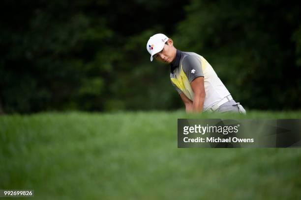 Whee Kim of Korea putts on the 12th hole during round two of A Military Tribute At The Greenbrier held at the Old White TPC course on July 6, 2018 in...