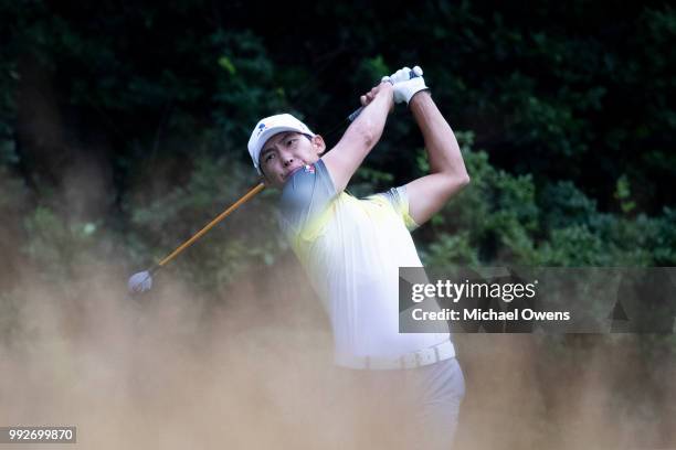 Whee Kim of Korea tees off the 13th hole during round two of A Military Tribute At The Greenbrier held at the Old White TPC course on July 6, 2018 in...