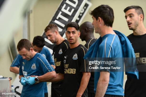 Ayoze Perez has blood testing during the first team training session at The Newcastle United Training Centre on July 6 in Newcastle upon Tyne,...