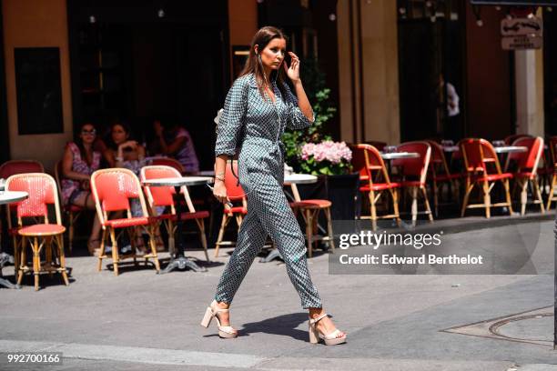 Former miss France 2010, Malika Menard wears a checked pyjama outfit, outside Alexis Mabille, during Paris Fashion Week Haute Couture Fall Winter...