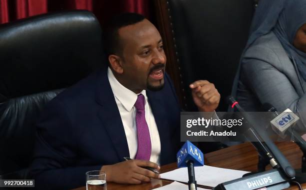 Ethiopian Prime Minister Abiy Ahmed addresses the deputies during the Ethiopian parliamentary session in Addis Ababa, Ethiopia on July 06, 2018.