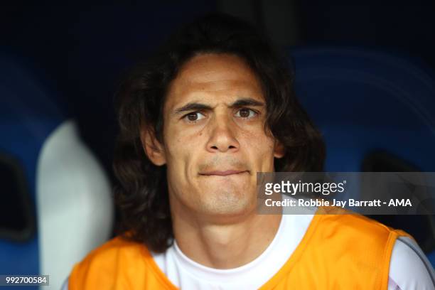 Edison Cavani of Uruguay looks on from the bench prior to the 2018 FIFA World Cup Russia Quarter Final match between Uruguay and France at Nizhny...