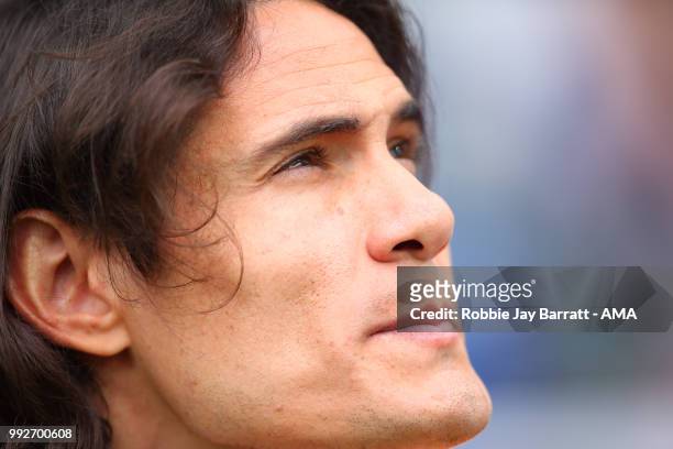 Edison Cavani of Uruguay looks on from the bench prior to the 2018 FIFA World Cup Russia Quarter Final match between Uruguay and France at Nizhny...