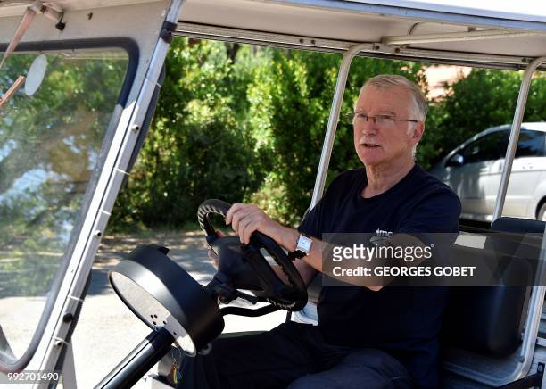 Graphic content / Jean-Philippe Pavie, director of Village-Vacances Landes, drives an electric car at the Arnaoutchot naturist camping on June 26,...