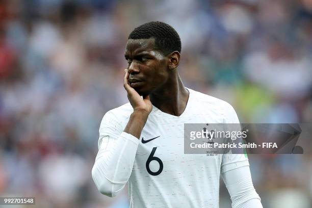 Paul Pogba of France looks on during the 2018 FIFA World Cup Russia Quarter Final match between Uruguay and France at Nizhny Novgorod Stadium on July...