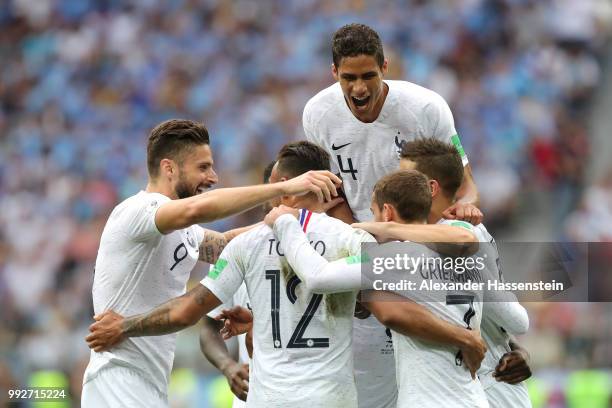 Antoine Griezmann of France celebrates with teammates after scoring his team's second goal during the 2018 FIFA World Cup Russia Quarter Final match...