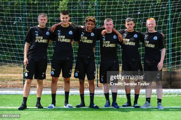 Newcastle United U23 players seen L-R Lewis Cass, Kelland Watts, Adam Wilson, Oliver Walters, Tom Allan and Matty Longstaff pose for a photograph...