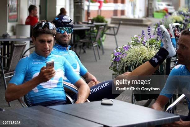 Mikel Landa of Spain and Movistar Team / Alejandro Valverde of Spain and Movistar Team / Team stopped for a coffee in Chemiliie City / during the...