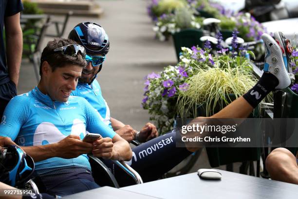 Mikel Landa of Spain and Movistar Team / Alejandro Valverde of Spain and Movistar Team / Team stopped for a coffee in Chemiliie City / during the...