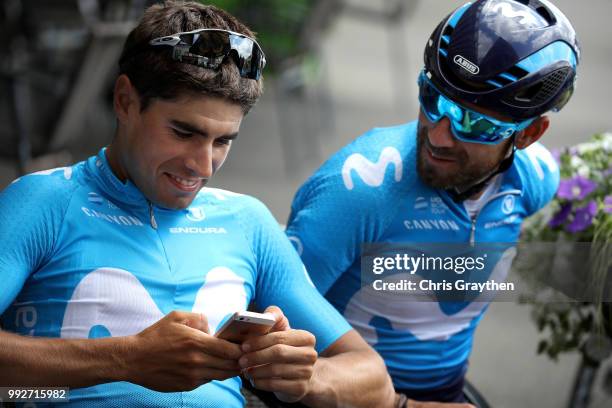 Mikel Landa of Spain and Movistar Team / Alejandro Valverde of Spain and Movistar Team / Team stopped for a coffee in Chemiliie City / during the...