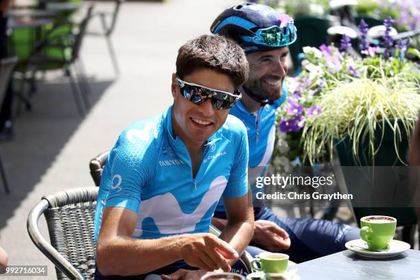 Mikel Landa of Spain and Movistar Team / Alejandro Valverde of Spain and Movistar Team / Team stopped for a coffee in Chemiliie City / during the...