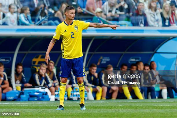 Mikael Lustig of Sweden gestures during the 2018 FIFA World Cup Russia Round of 16 match between Sweden and Switzerland at Saint Petersburg Stadium...