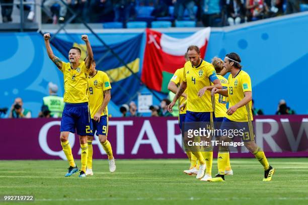 Emil Forsberg of Sweden celebrates after scoring his team`s first goal with team mate during the 2018 FIFA World Cup Russia Round of 16 match between...